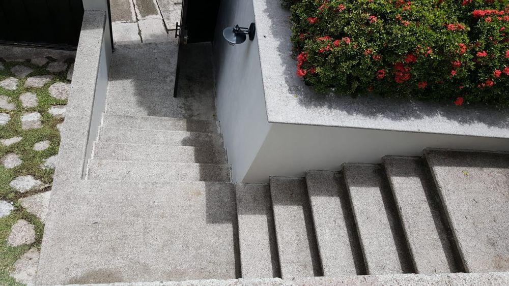 Gradas de concreto y jardinera después de la limpieza