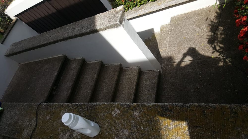 Gradas de concreto oscurecidas por la suciedad antes de la limpieza