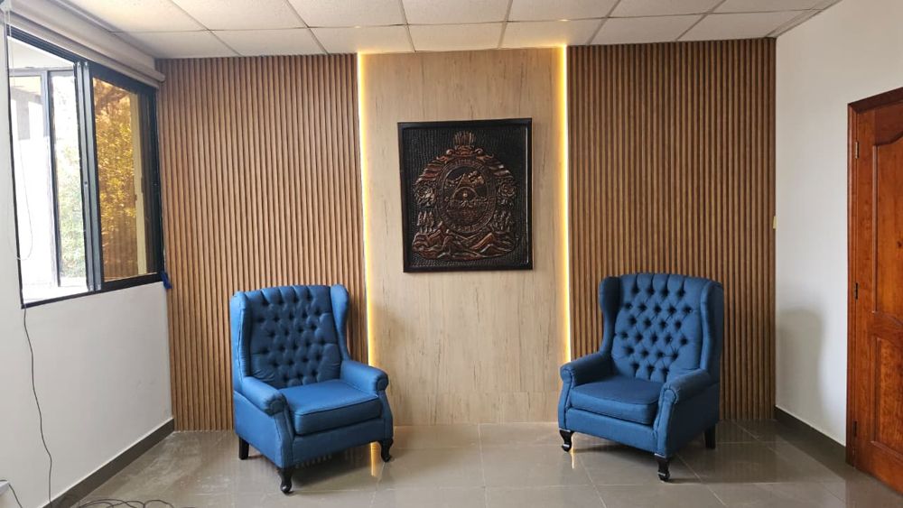 Sala de espera con pared de panel WPC, luz LED y escudo nacional